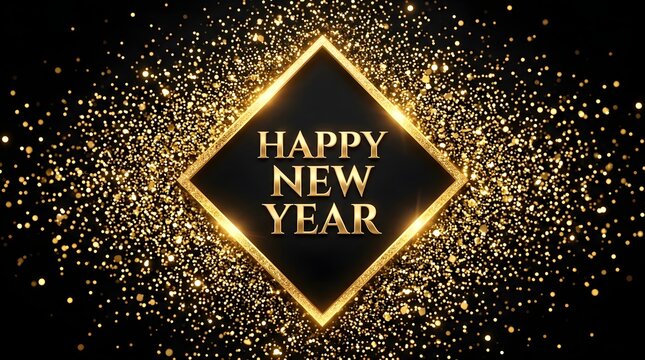 Elegant golden frame with glowing particles celebrating new year day with luxury festive background for holiday greeting cards