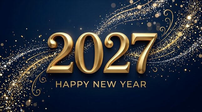 Elegant gold 2027 lettering for a festive new year s day celebration background with sparkling light effects and dark blue