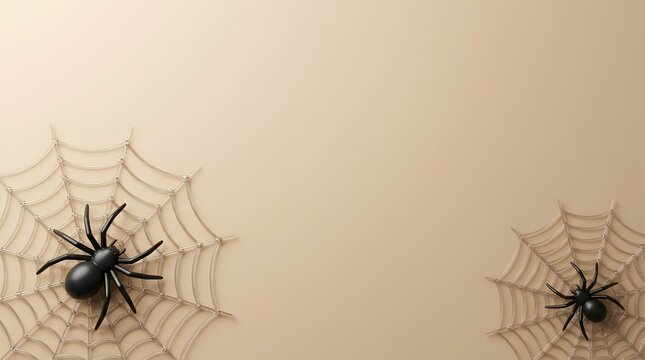 Two black 3 d spiders on circular webs against a beige background