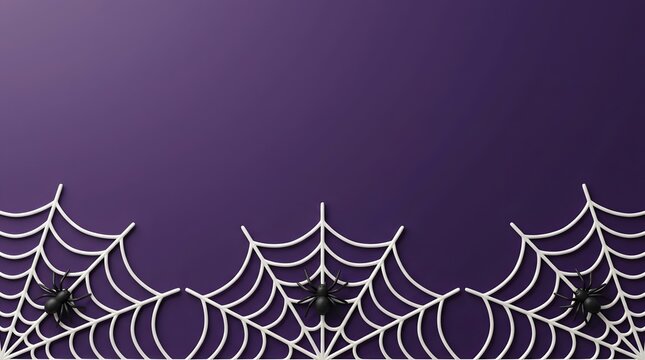 3 d white spider webs and black spiders on a deep purple background