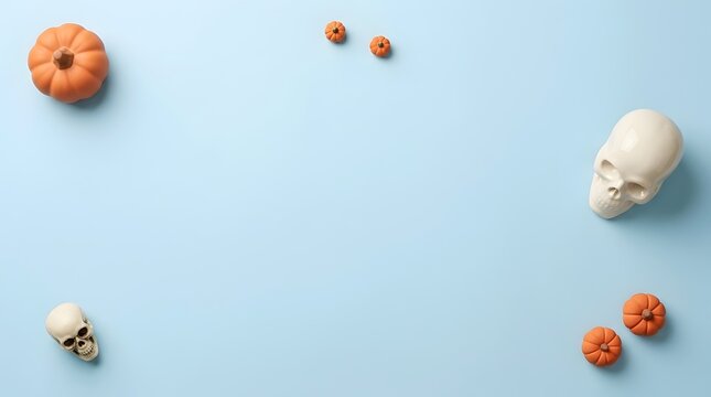 Halloween flat lay with orange pumpkins and white skulls on blue background