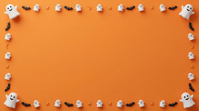 A festive halloween background frame featuring small ghost and bat decorations on a vibrant orange paper surface