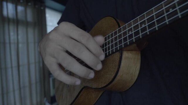 Close up of person playing ukulele music instrument during relaxing session at home.