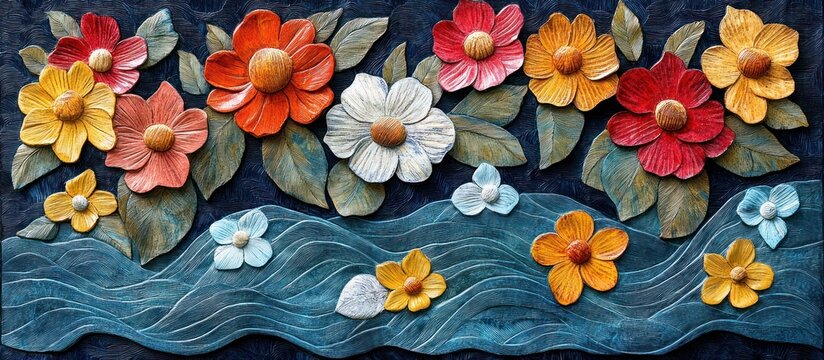 Decorative wall art panel with vibrant hand painted ceramic floral relief sculptures.
