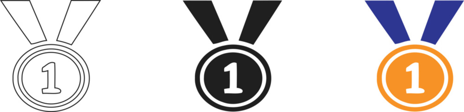 A detailed set of three first place medal icons featuring distinct artistic styles including a linear outline version, a solid black silhouette and a colorful graphic design.