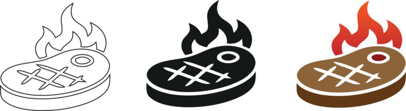 Set of three stylized graphic icons representing a grilled beef steak piece cooking with fire flames in outline black silhouette and colorful flat design art styles