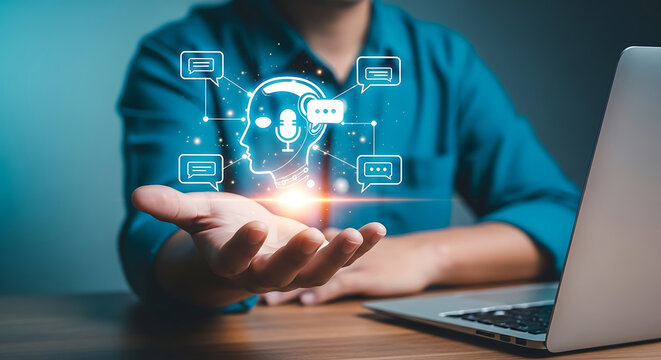 Person using holographic display with hands in office
