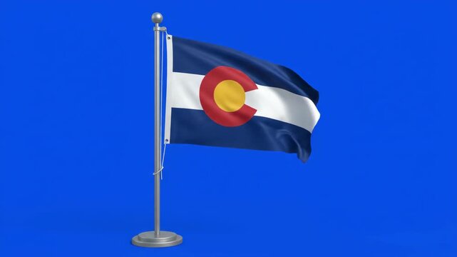 Colorado state flag waving on a flagpole against a blue screen background, representing the United States.