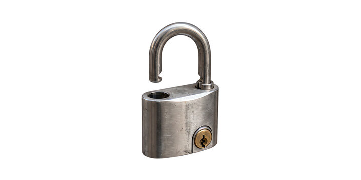 Silver padlock with open shackle on white isolated on transparent background