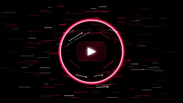 Crimson and white data streams warp and flow around a central holographic gravitational play button on a dark background. Perfect for tech promos, futuristic HUD overlays, sci-fi presentations, and mo