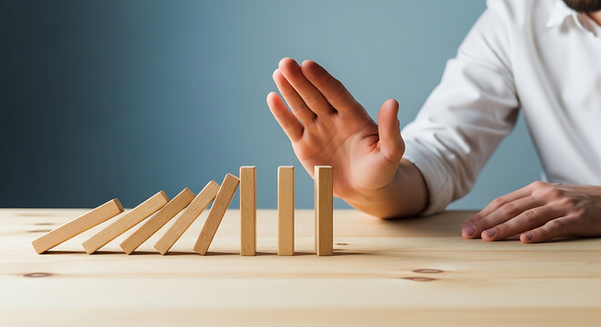 Hands arranging falling wooden blocks