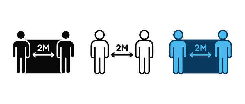 Social distancing guidelines illustrated with two people maintaining two meter spacing in various scenarios