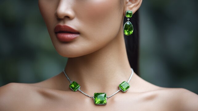 Close-up Portrait of Woman Modeling Elegant Green Gemstone Necklace and Earrings in Natural Outdoor Setting