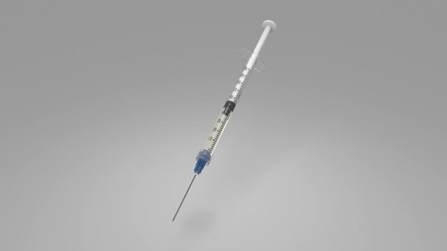 Medical syringe rotating over a light background, crash-zoom transition into the medicine inside, then another quick transition back to the wide view.