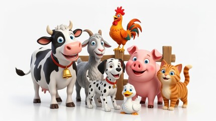 Naklejka premium Cute 3D Cartoon Farm Animals Collection with Cow, Pig, Goat, Rooster, Dog, Cat and Duckling on White Background