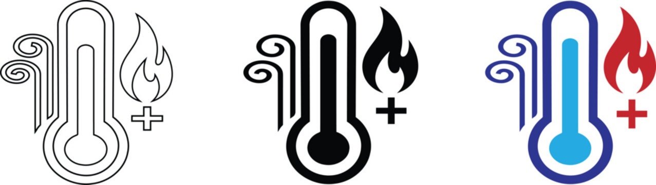 A series of three high temperature thermometer icons featuring fire and heat wave symbols representing extreme warmth and heating concepts for professional weather design use.