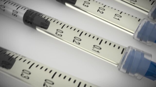 Camera moving slowly over medical syringes over a white background, slowly zooms out