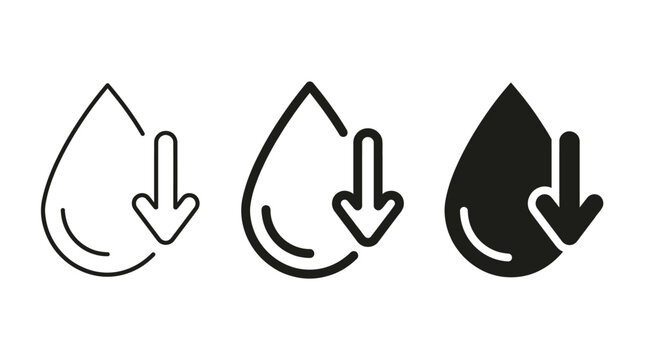 Water drop reduction vector graphic illustration featuring black outline symbols pointing downwards inside drops