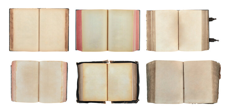 Set of open ancient books viewed from the page side, with blank empty pages, isolated on transparent background. Vintage book collection for literature, education, history, publishing and copy space
