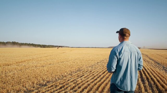 Farmer holds tablet and turns to look at flying stork over field