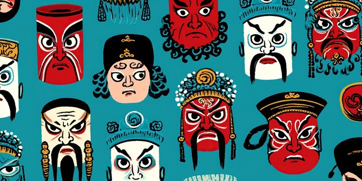Chinese opera face masks in traditional pattern, cultural art concept