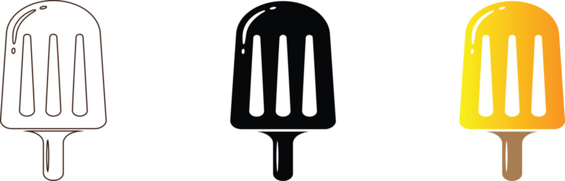 This set of simple popsicle icons showcases versatile graphic design elements, presenting a classic frozen dessert in linear, bold filled, and colored styles suitable for web, mobile apps, or menu bra