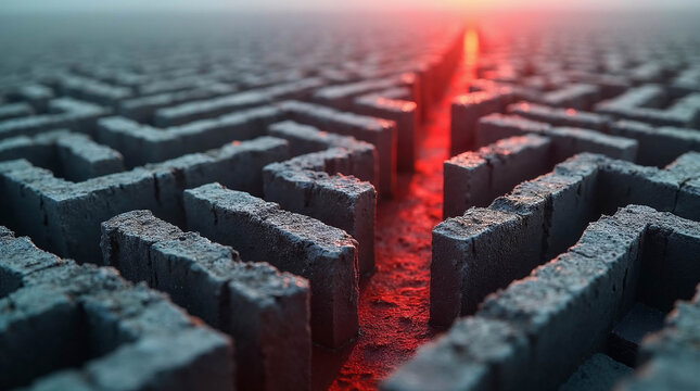 Stone maze illuminated by glowing red light