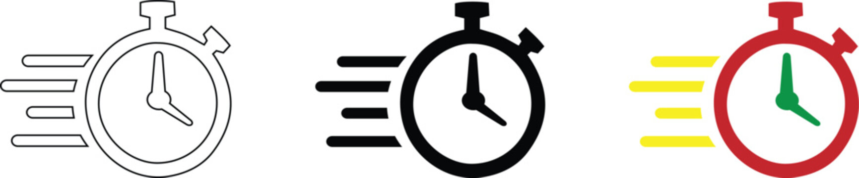 Three variations of a stopwatch timer icon representing speed and efficiency designed for user interface elements and digital countdown applications in professional software