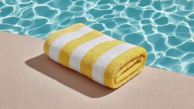 Bright Yellow Striped Towel by a Swimming Pool with Clear Blue Water Reflections and Smooth Stone Edge