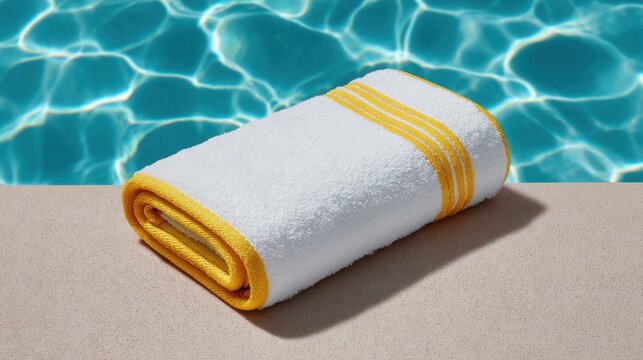 White fluffy towel with yellow stripe on poolside against shimmering water background for relaxation and leisure moments