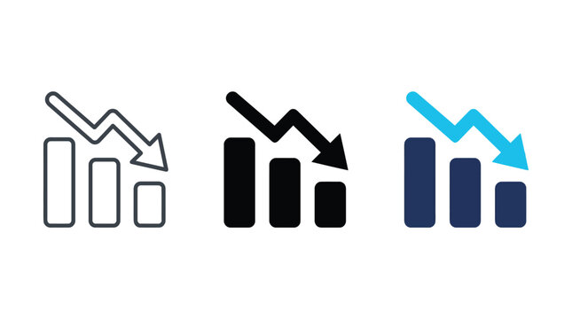 Business loss vector graphic icons showing declining bar charts with arrows pointing downward