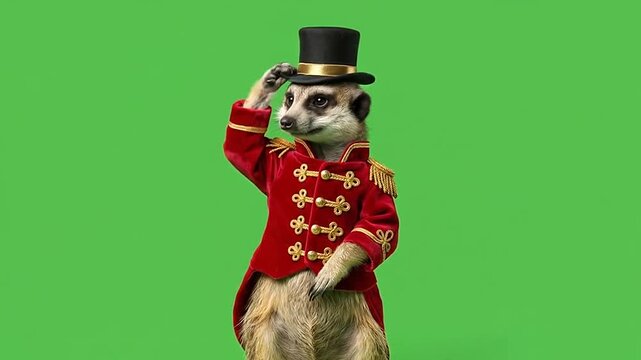 Meerkat in red circus ringmaster uniform and top hat standing on green screen