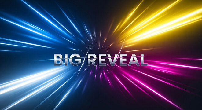 Big reveal light speed burst background. Glowing abstract rays, neon lines, and bright lens flare. Dynamic blue, yellow, and pink lights. High impact modern graphic design concept.