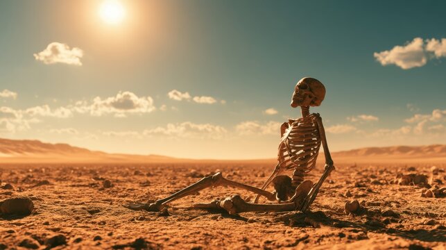 Human skeleton sitting alone in barren dry desert landscape under bright sun with clear sky and distant mountains