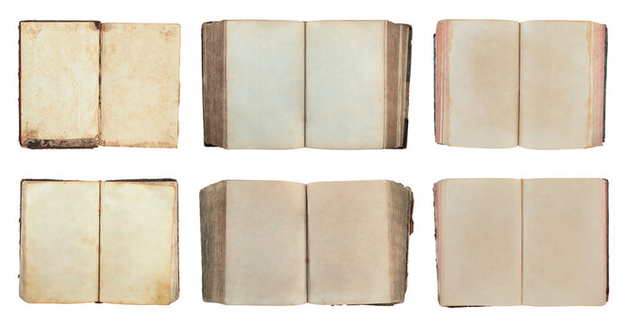 Set of open ancient books viewed from the page side, with blank empty pages, isolated on transparent background. Vintage book collection for literature, education, history, publishing and copy space