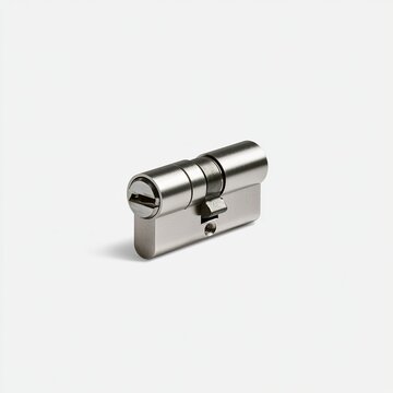 Metal lock cylinder sits against white background.