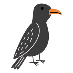 Obraz premium Cute raven isolated on white background. Flat vector illustration of a black woodland bird with orange beak, simple shapes and cartoon style for children. Vector illustration