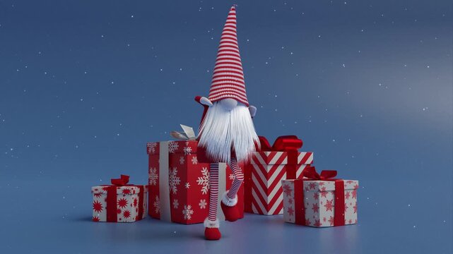 3D loop animation of Santa elf with presents in snowfall winter celebration background.