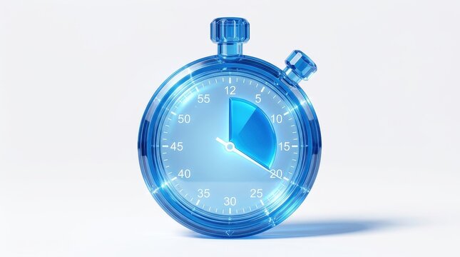 Blue Translucent Glass Stopwatch 3D Render Isolated on White Background for Time Management and Efficiency Concepts