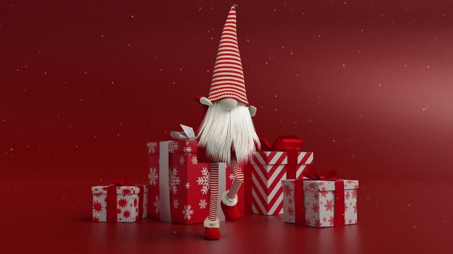3D loop animation of Santa elf with presents in snowfall winter celebration background.