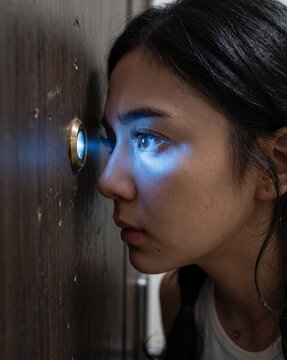 Close-up profile of a young woman looking through a door peephole with a glowing blue light shining on her face