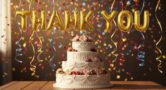 Thank You gold balloons and elegant tiered cake. Celebration background with confetti and streamers on wooden table. Anniversary party concept.