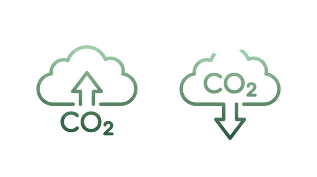 Green vector graphic illustration showcasing carbon dioxide emissions rising and decreasing inside cloud symbols