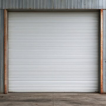 White roller garage shutters create minimalist security backgrounds with clean horizontal lines and industrial textures.