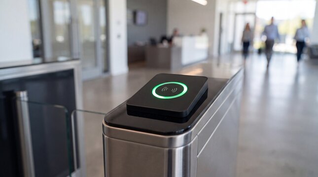 An electronic security access control reader with a glowing green ring mounted on a metal ad social media download thambnail poster web template event festival 2026 2027 2028