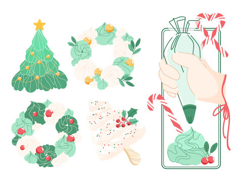 Christmas meringue treats and icing piping bag elements for baking design