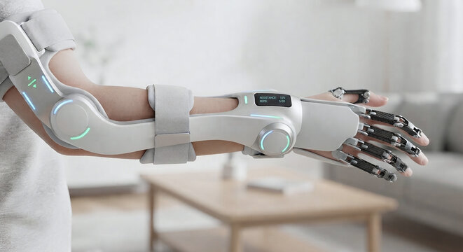 Futuristic robotic prosthetic arm for physical therapy, modern cybernetic bionic arm with digital display showing resistance and reps, innovative medical technology concept.