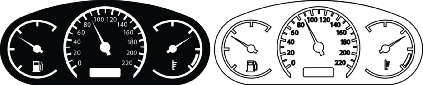 Speedometer and Dashboard Icon Set, Car Speed Gauge Vectors, Auto Tachometer, Odometer, Fuel Indicator, Fast Driving Performance Symbols in Flat Glyph and Line Art Outline Styles