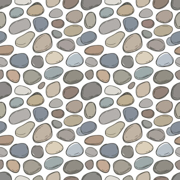 Hand-drawn smooth pebble river stones seamless pattern illustration featuring monochromatic earthy tones minimalist backdrop