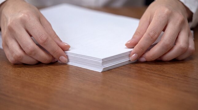 Close-up of a person's hands holding and aligning a thick stack of blank white paper sheets ad social media download thambnail poster web template event festival 2026 2027 2028